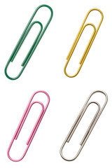 Multicolored paper clips, office supplies on transparent background
