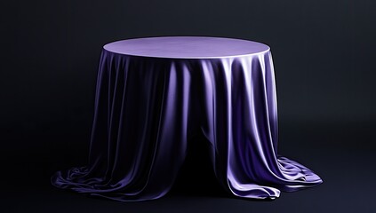 A draped, round, purple table on a dark background