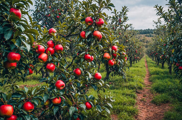 Ripe Red Apples Hanging In Orchard On Autumn Day