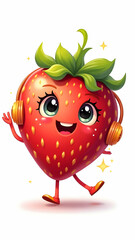 Fototapeta premium Cute cartoon strawberry with big eyes, wearing headphones and walking with a smile, surrounded by sparkles