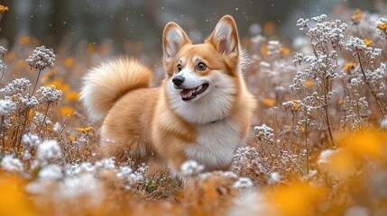 Obraz premium Playful corgi in a winter wonderland