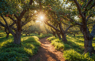 Naklejka premium Sunlight Filtering Through Apple Orchard Trees On Peaceful Morning