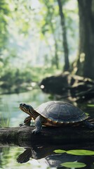 Turtle on log in forest stream