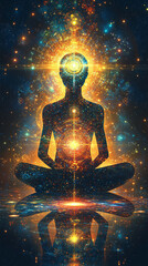 Fototapeta premium Back silhouette of an ethereal human soul floating in deep space amid vibrant nebula colors, symbolizing spiritual awakening, cosmic journey, self-discovery, and higher consciousness.