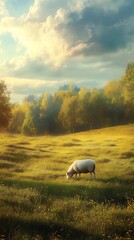 Sheep grazing in golden meadow landscape