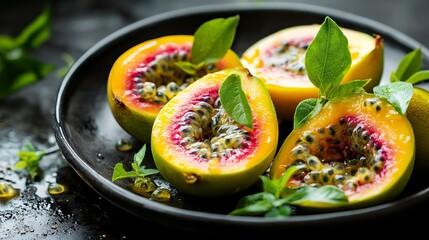 Delicious Red Passion Fruit Halves Fresh Tropical Summer Exotic Yellow Sweet Juicy Vitamins Healthy Food Photography Vibrant Colors Natural Light     