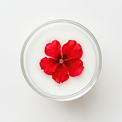 Red flower in a clear bowl of milk