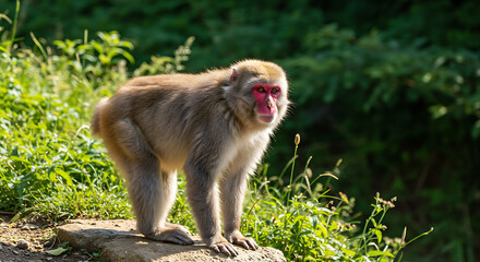 Fototapeta premium Curious Monkey Observing from a Rocky Perch