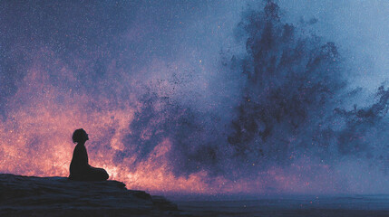 Back silhouette of an ethereal human soul floating in deep space amid vibrant nebula colors, symbolizing spiritual awakening, cosmic journey, self-discovery, and higher consciousness.

