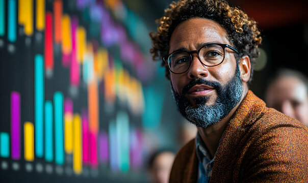 Thoughtful man with glasses and salt-and-pepper beard before col