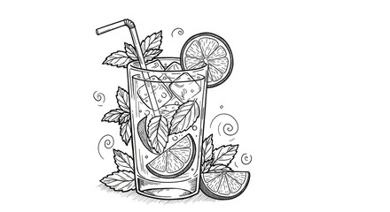 Hand-drawn illustration of a refreshing lemonade drink with mint leaves