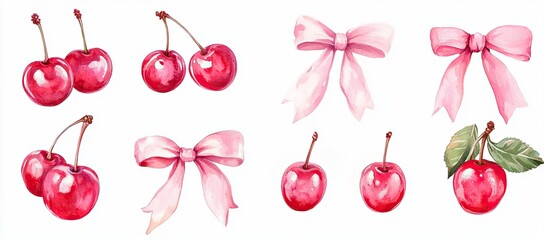 Watercolor Cherries and Pink Bows
