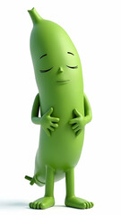 Green cartoon bean character with closed eyes, legs, and hands on its belly against a plain white background