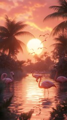 Flamingos at tropical sunset