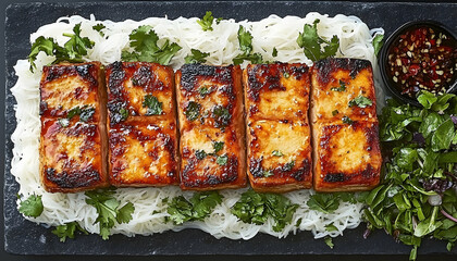 Glazed Tofu Steaks on Rice Noodles with Cilantro and Spicy Sauce