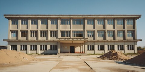 Front view of an old abandoned institutional building under renovation with sand piles in the courtyard, symbolizing decay, transformation, construction, and urban redevelopment