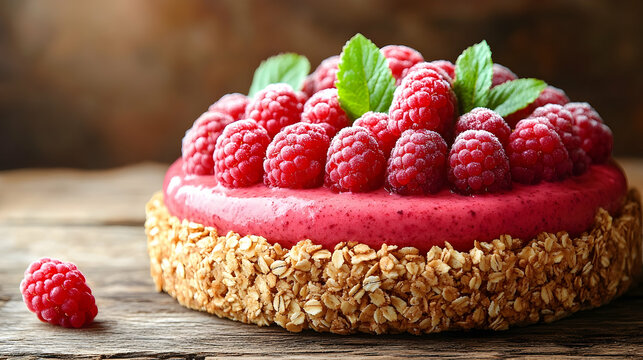 Raspberry mousse cake with oat crust, topped with fresh mint lea