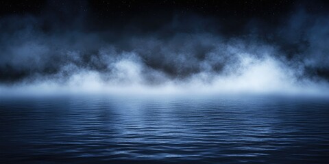 Mysterious night scene over a still body of water, shrouded in fog
