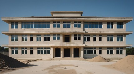 Front view of an old abandoned institutional building under renovation with sand piles in the courtyard, symbolizing decay, transformation, construction, and urban redevelopment