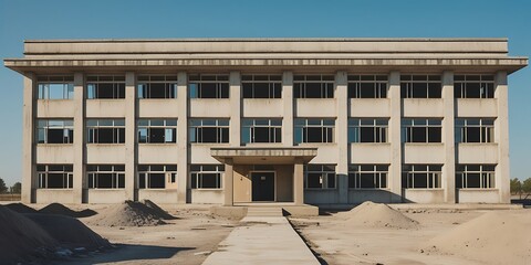 Front view of an old abandoned institutional building under renovation with sand piles in the courtyard, symbolizing decay, transformation, construction, and urban redevelopment
