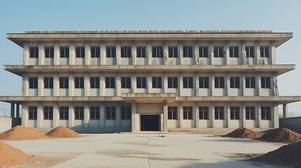 Front view of an old abandoned institutional building under renovation with sand piles in the courtyard, symbolizing decay, transformation, construction, and urban redevelopment