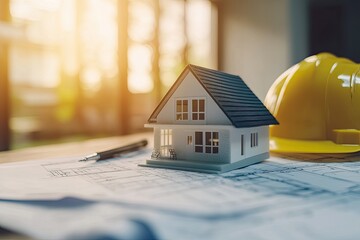 Home construction blueprints, model house, and safety gear