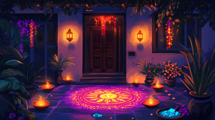 Obraz premium Decorated home entrance with rangoli and glowing diyas. [neon folklore] | fluorescent rituals | glowing customs. illustration. [Neon Folktales] | Arc Lantern | glowing charm. Illustration