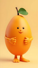 An orange, egg-shaped character with arms, legs, leaf and stem, stands on a yellow backdrop, smiling faintly