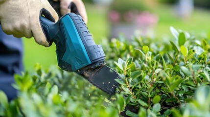 Cordless hedge trimmer cutting green bush landscaping and gardening