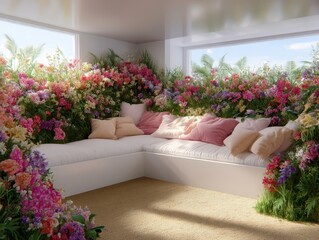 Floral Indoor Oasis with Couch and Pillows, Garden Room, Botanical Design
