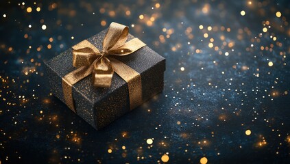 elegant dark gift box adorned with shimmering gold ribbon on festive sparkling backdrop delight celebration