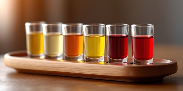 Row of colorful juice or cocktail shots served in transparent glasses on a wooden tray, arranged in gradient colors, representing variety, refreshment, and vibrant presentation

