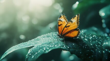 Beautiful butterfly on dewy leaf