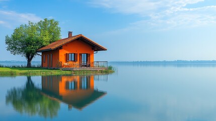 Fototapeta premium Orange cabin on a lake island, tranquil morning