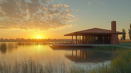 Obraz premium Tranquil lakeside cabin at sunrise