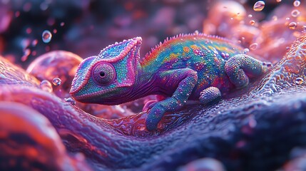 Vibrant chameleon in abstract liquid environment