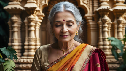 Serene beauty timeless elegance Indian woman spiritual peace temple background