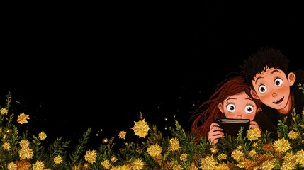 Couple hiding in flowers with night.