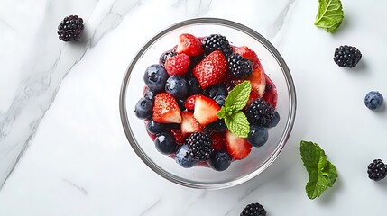 Assorted Berries in a Glass Bowl on Marble Surface
