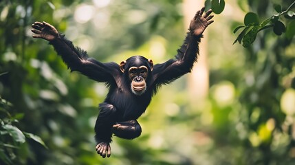 Chimpanzee leaping through jungle canopy