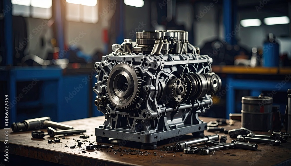 Aufkleber detailed metallic engine assembly on a wooden workbench with scattered tools in a professional works