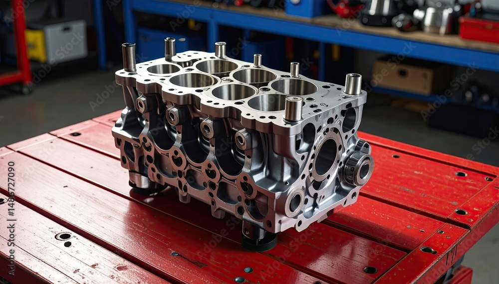 Poster detailed shot of a generic engine block on a red workbench with a blurred blue background showcasing