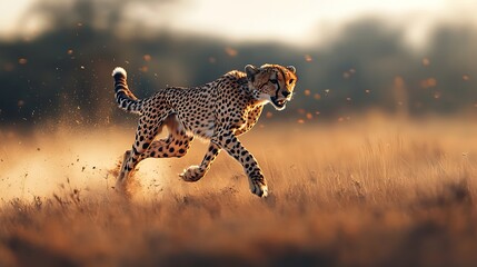Cheetah running in golden savanna