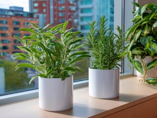Fototapeta premium Indoor Herb Garden, Sage and Rosemary, Urban Living, Home Decor, Plants