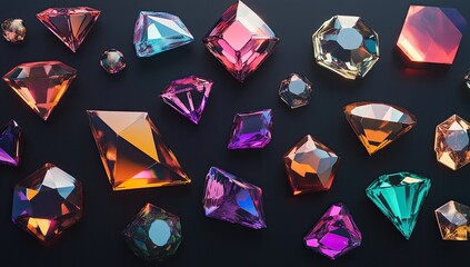 Colorful gems scattered on dark surface