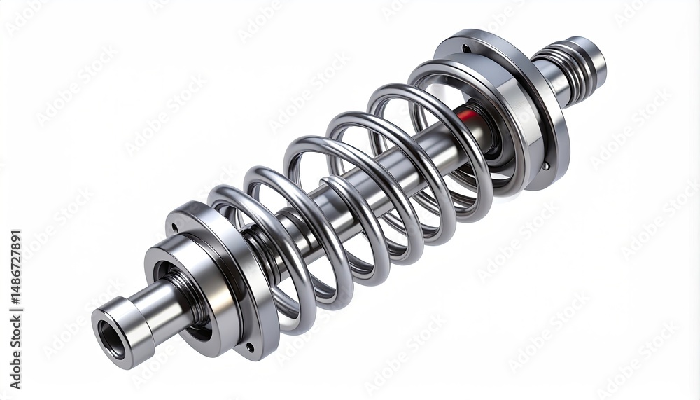 Poster metallic mechanical spring system isolated on a white background showing detailed engineering of the