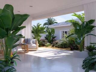 Tropical Outdoor Living, Modern Patio, Summer Home Design with Palm Trees and Luxury Furniture