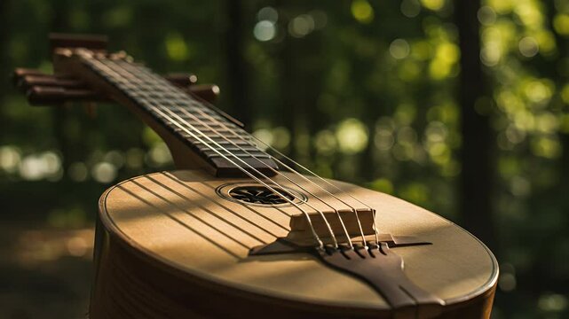 Close-up of a beautifully crafted string instrument resting in a serene forest, with dappled sunlight filtering through the trees