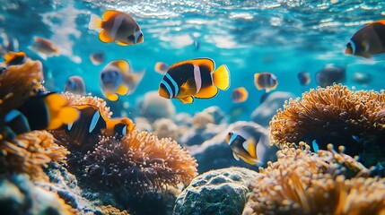 Colorful tropical fish amongst coral reefs