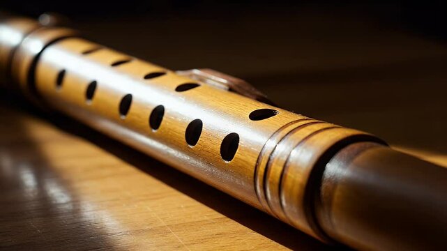 Close-up of a wooden flute resting on a polished wooden surface, showcasing intricate craftsmanship and natural textures